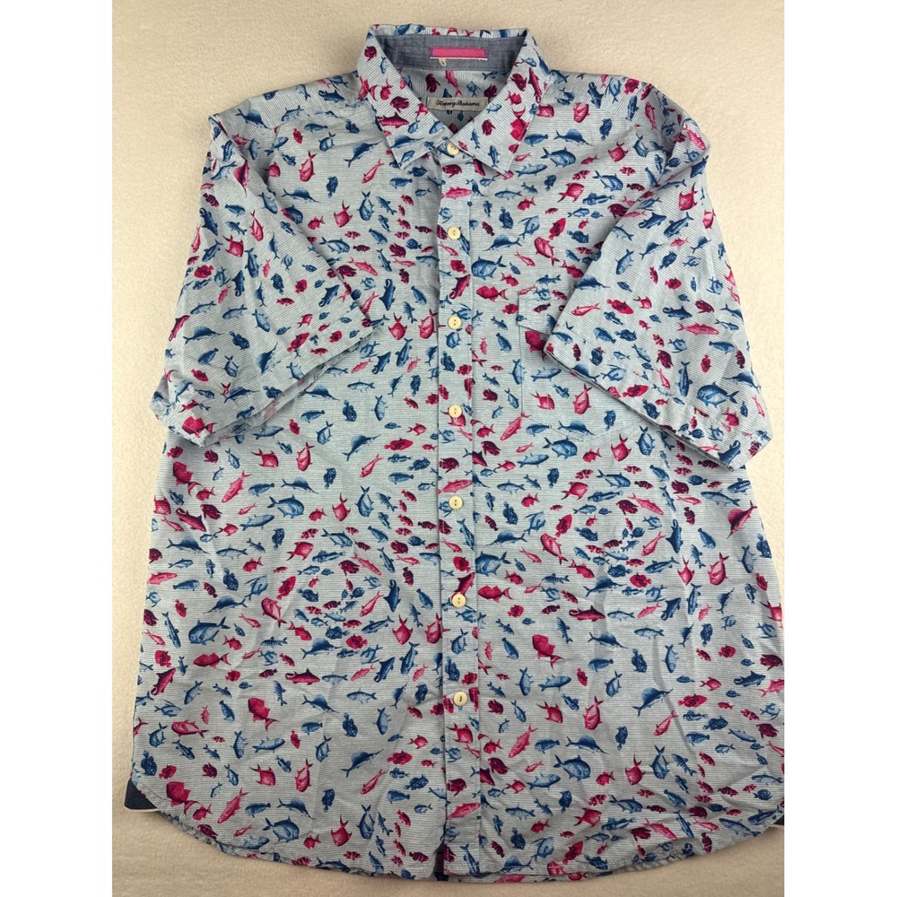 Tommy Bahama Mens Large Blue Pink Fish Print Cotton Short Sleeve Button Shirt